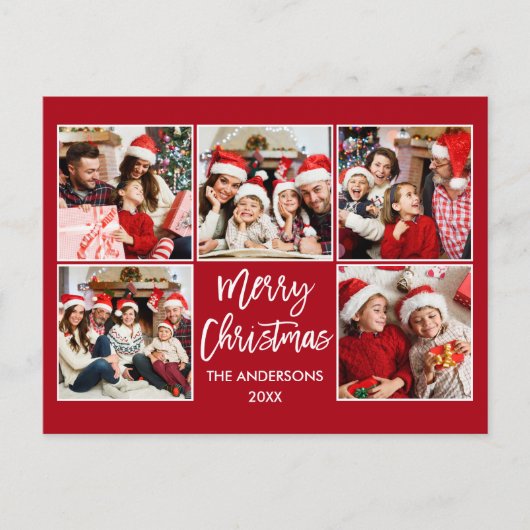 Penseelscript Merry-kerstfamilie 5 Fotorood Briefkaart (Voorkant)