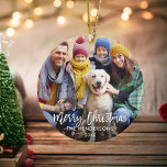 Penseelscript Merry-kerstfoto Rood Keramisch Ornament<br><div class="desc">Modern penseelscript voor prettige kerstfamilie — foto-siervoorwerpen voor rode sneeuwvlokken</div>