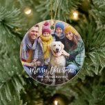 Penseelscript Merry-kerstfoto Rood Keramisch Ornament<br><div class="desc">Modern penseelscript voor prettige kerstfamilie — foto-siervoorwerpen voor rode sneeuwvlokken</div>
