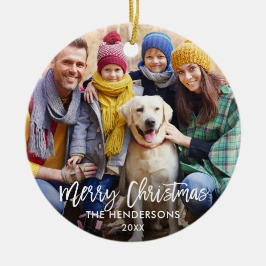 Penseelscript Merry-kerstfoto Rood Keramisch Ornament (Voorkant)