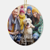 Penseelscript Merry-kerstfoto Rood Keramisch Ornament (Links)