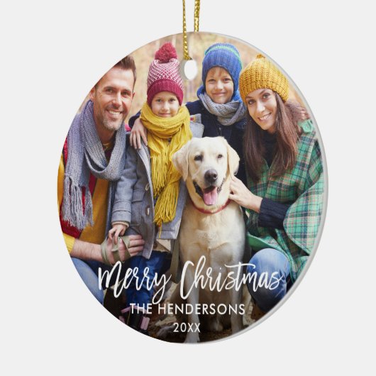 Penseelscript Merry-kerstfoto Rood Keramisch Ornament (Links)