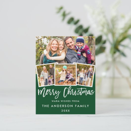 Penseelscript Merry Kerstmis 4 Foto Groen Briefkaart (Staand voorkant)