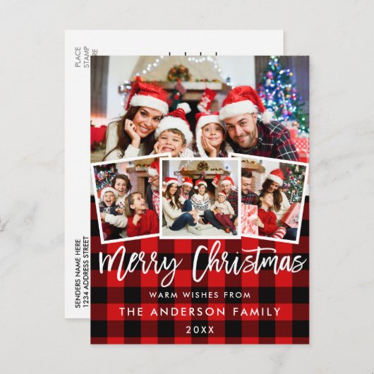 Penseelscript Merry Kerstmis 4 Foto Red Pset Briefkaart (Voorkant / Achterkant)