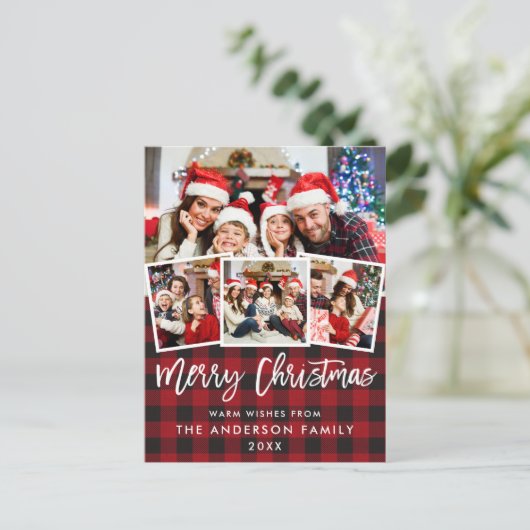 Penseelscript Merry-kerstrood geplakt 4 Foto Briefkaart (Staand voorkant)
