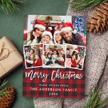 Penseelscript Merry-kerstrood geplakt 4 Foto Briefkaart<br><div class="desc">Modern Brush Script Merry Christmas Red Plaid Briefkaart - 4 foto's</div>