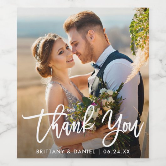 Penseelscript Moderne bruiloft Bedankt Foto W Wijn Etiket (Enkel label)