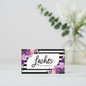 Penseelscript Paarse Floral Lashes Striped Visitekaartje (Staand voorkant)