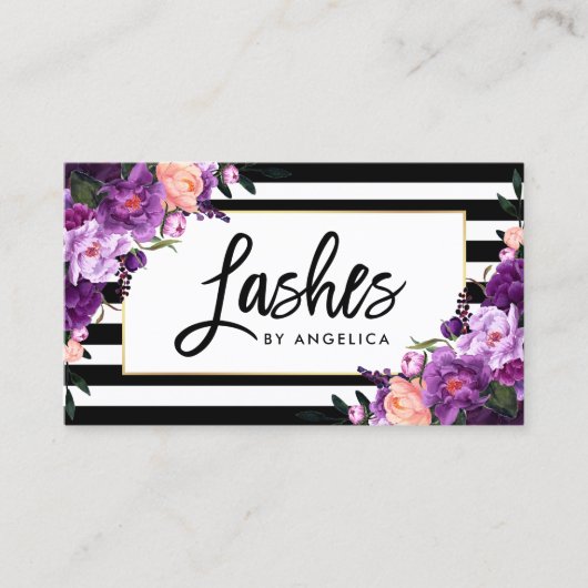 Penseelscript Paarse Floral Lashes Striped Visitekaartje (Voorkant)