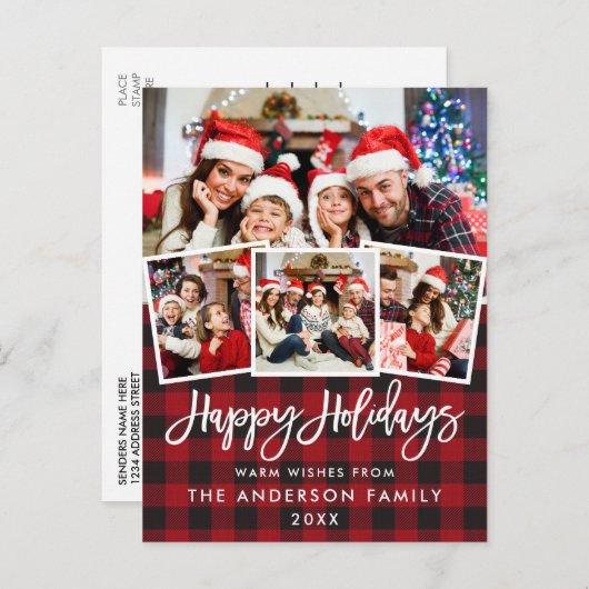 Penseelscript Prettige feestdagen rode plaat 4 fot Briefkaart (Voorkant / Achterkant)