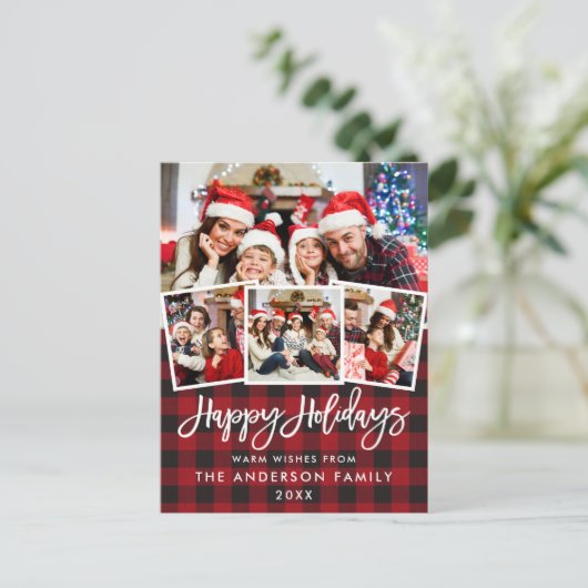 Penseelscript Prettige feestdagen rode plaat 4 fot Briefkaart (Staand voorkant)