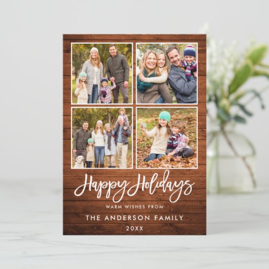 Penseelscript Prettige feestdagen Rustic Wood 4 Fo Feestdagenkaart (Staand voorkant)