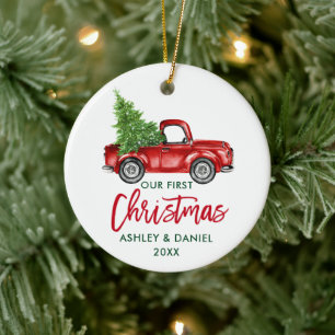 Penseelscript Red Truck First Kerstmis Keramisch Ornament