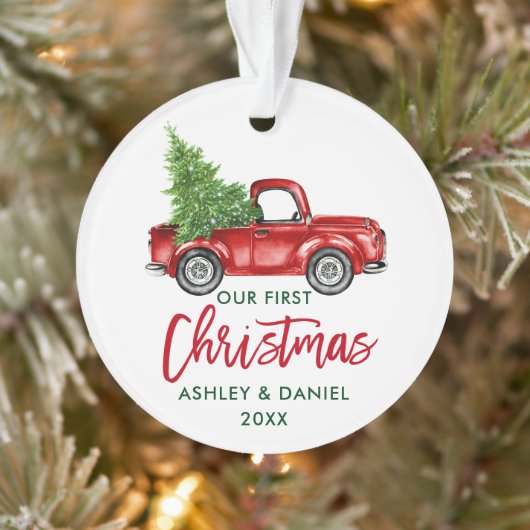 Penseelscript Red Truck First Kerstmis Ornament (Boom)