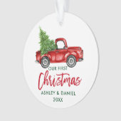 Penseelscript Red Truck First Kerstmis Ornament (voorkant)
