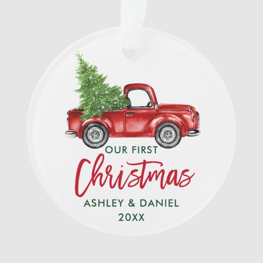 Penseelscript Red Truck First Kerstmis Ornament (voorkant)