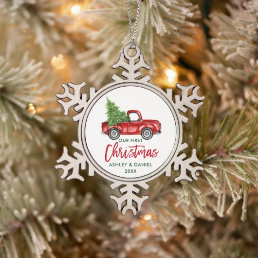 Penseelscript Red Truck First Kerstmis Tin Sneeuwvlok Ornament (Boom)
