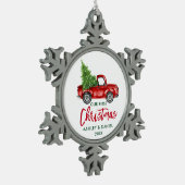 Penseelscript Red Truck First Kerstmis Tin Sneeuwvlok Ornament (Links)
