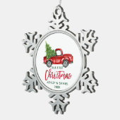 Penseelscript Red Truck First Kerstmis Tin Sneeuwvlok Ornament (Rechts)