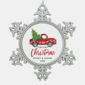 Penseelscript Red Truck First Kerstmis Tin Sneeuwvlok Ornament (Voorkant)