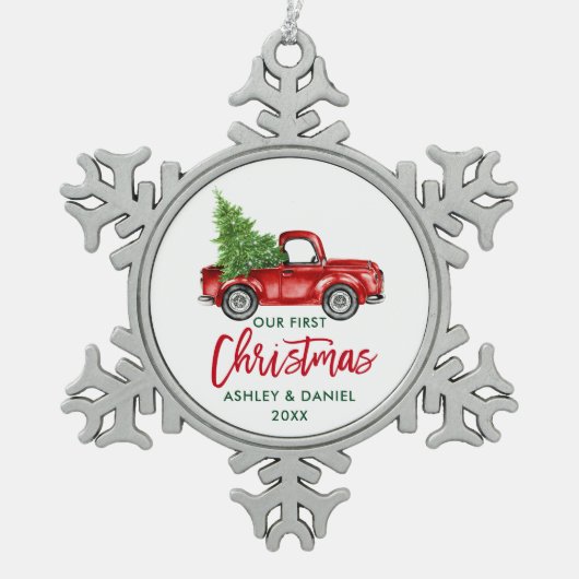 Penseelscript Red Truck First Kerstmis Tin Sneeuwvlok Ornament (Voorkant)