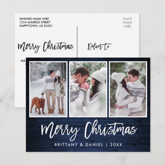 Penseelscript Roestend blauw hout 3 Foto Briefkaart (Voorkant / Achterkant)