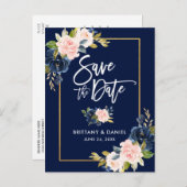 Penseelscript roze blauwe knop opslaan Datum Aankondigingskaart (Voorkant / Achterkant)