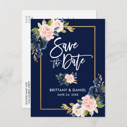 Penseelscript roze blauwe knop opslaan Datum Aankondigingskaart (Voorkant / Achterkant)