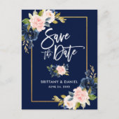 Penseelscript roze blauwe knop opslaan Datum Aankondigingskaart (Voorkant)