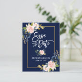 Penseelscript roze blauwe knop opslaan Datum Aankondigingskaart (Staand voorkant)