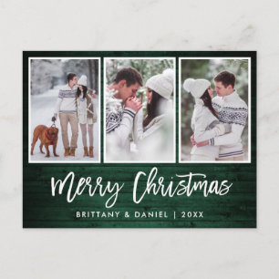 Penseelscript Rustic Green Wood Kerstmis 3 Foto Briefkaart