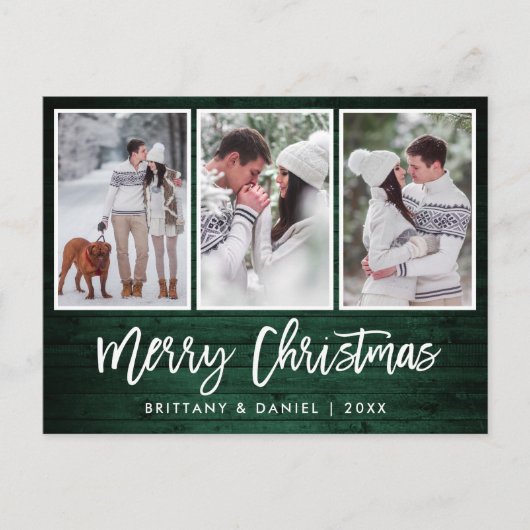 Penseelscript Rustic Green Wood Kerstmis 3 Foto Briefkaart (Voorkant)