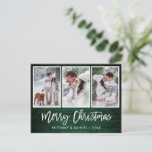 Penseelscript Rustic Green Wood Kerstmis 3 Foto Briefkaart (Staand voorkant)