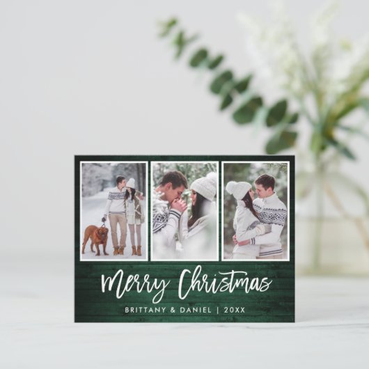 Penseelscript Rustic Green Wood Kerstmis 3 Foto Briefkaart (Staand voorkant)