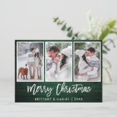 Penseelscript Rustic Green Wood Kerstmis 3 Foto Feestdagenkaart (Staand voorkant)