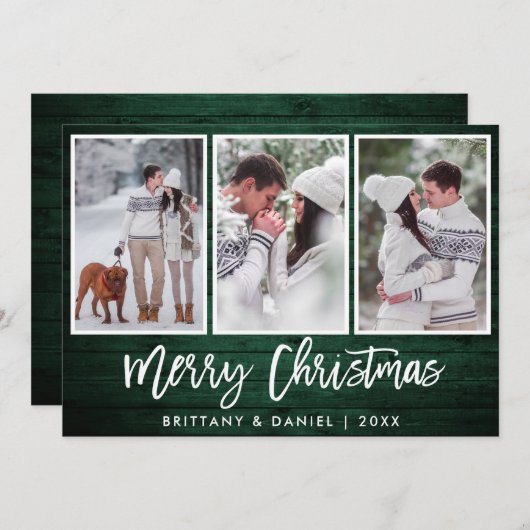 Penseelscript Rustic Green Wood Kerstmis 3 Foto Feestdagenkaart (Voorkant / Achterkant)