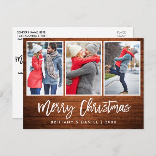 Penseelscript Rustic Wood Kerstmis 3 Foto Briefkaart (Voorkant / Achterkant)