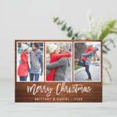 Penseelscript Rustic Wood Kerstmis 3 Foto Feestdagenkaart (Staand voorkant)