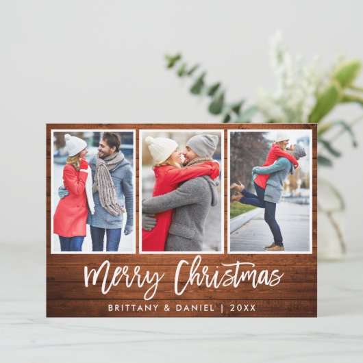 Penseelscript Rustic Wood Kerstmis 3 Foto Feestdagenkaart (Staand voorkant)