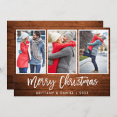 Penseelscript Rustic Wood Kerstmis 3 Foto Feestdagenkaart (Voorkant / Achterkant)