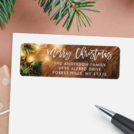 Penseelscript Rustic Wood Kerststrijklampjes Etiket
