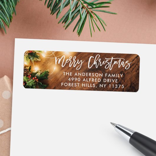 Penseelscript Rustic Wood Kerststrijklampjes Etiket