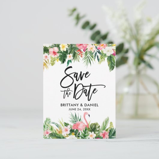 Penseelscript Sla de datum Tropische Flamingo op Briefkaart (Staand voorkant)