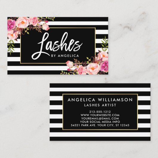 Penseelscript streepjes roze, gestreept visitekaartje (Voorkant / Achterkant)