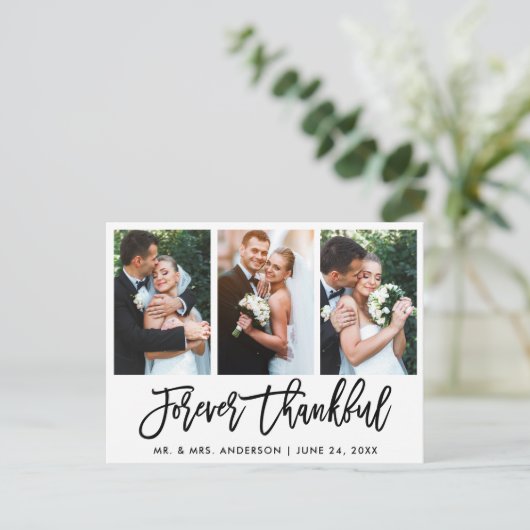 Penseelscript voor altijd dankzij bruiloft 3 foto briefkaart (Staand voorkant)