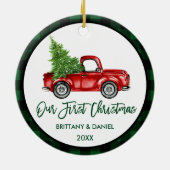 Penseelscript voor eerste kerstmis, groen geplakt keramisch ornament (Achterkant)