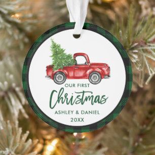 Penseelscript voor eerste kerstmis, groen geplakt ornament