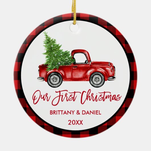 Penseelscript voor eerste kerstmis rood geplakt keramisch ornament (Achterkant)