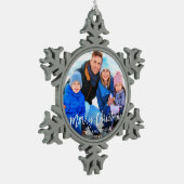 Penseelscript voor pretkerfamilie foto tin sneeuwvlok ornament (Links)