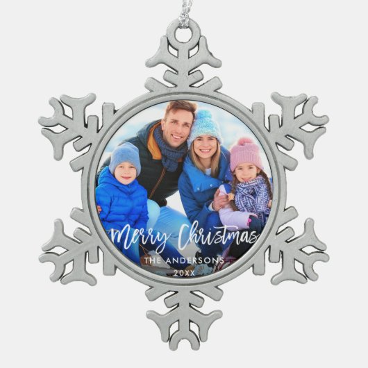 Penseelscript voor pretkerfamilie foto tin sneeuwvlok ornament (Voorkant)